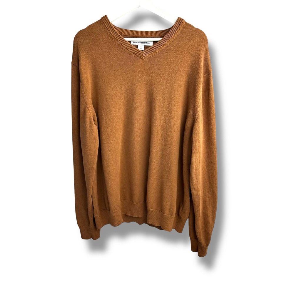 Amazon Essentials Mens XL V-Neck Sweater Camel Brown 100% Cotton Knit Pullover
